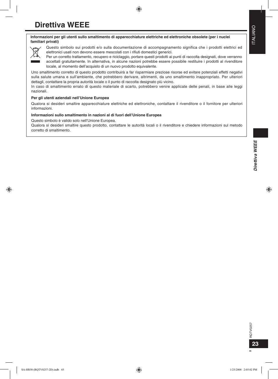Direttiva weee, Guida alla risoluzione dei problemi | Panasonic SAHR50EG User Manual | Page 45 / 68