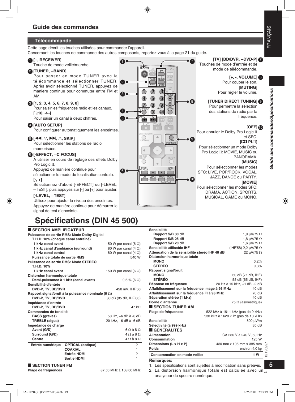 Guide des commandes 5 4, Télécommande | Panasonic SAHR50EG User Manual | Page 49 / 68