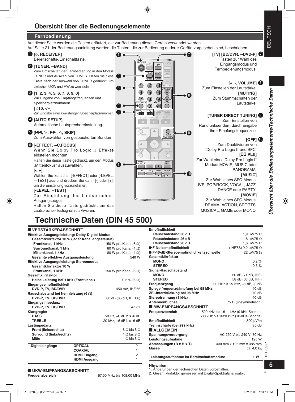 Übersicht über die bedienungselemente, Fernbedienung | Panasonic SAHR50EG User Manual | Page 5 / 68