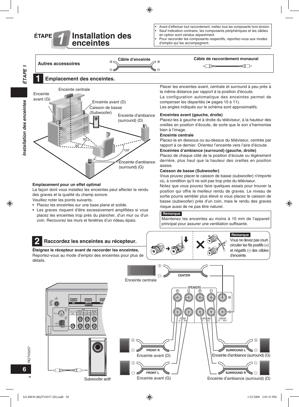 Installation des enceintes, Emplacement des enceintes, Raccordez les enceintes au récepteur | Étape 1 installation des enceintes, Autres accessoires, Panneau arrière, Câble d’enceinte câble de raccordement monaural, Subwoofer actif | Panasonic SAHR50EG User Manual | Page 50 / 68
