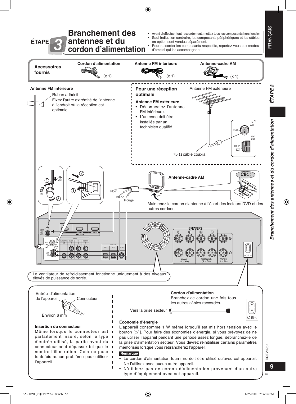 Français, Clic, Pour une réception optimale | Accessoires fournis | Panasonic SAHR50EG User Manual | Page 53 / 68