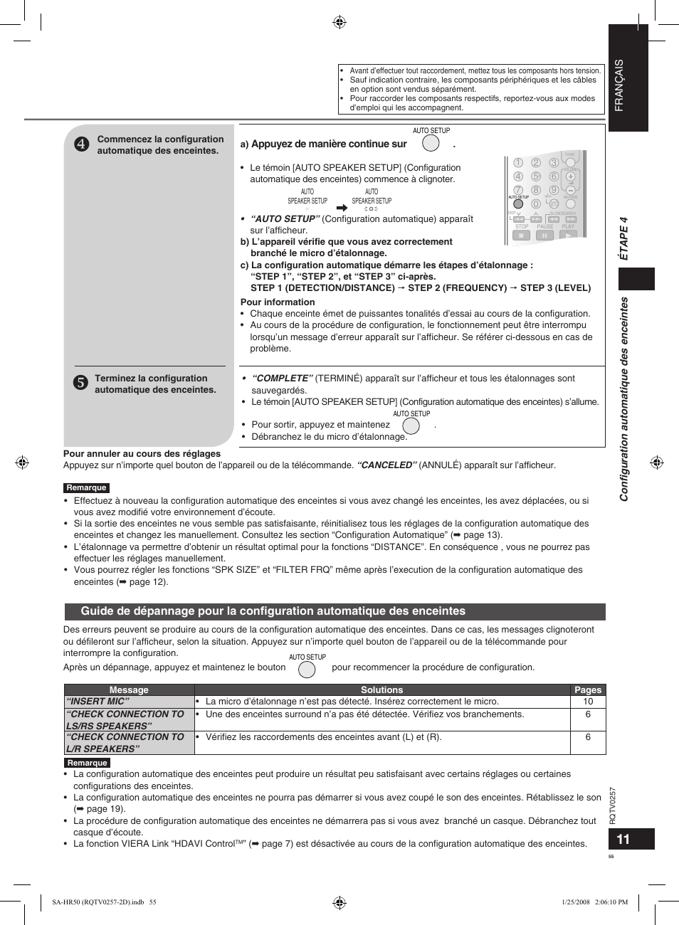 Français, Appuyez de manière continue sur, Étape 4 conﬁguration automatique des enceintes | Panasonic SAHR50EG User Manual | Page 55 / 68
