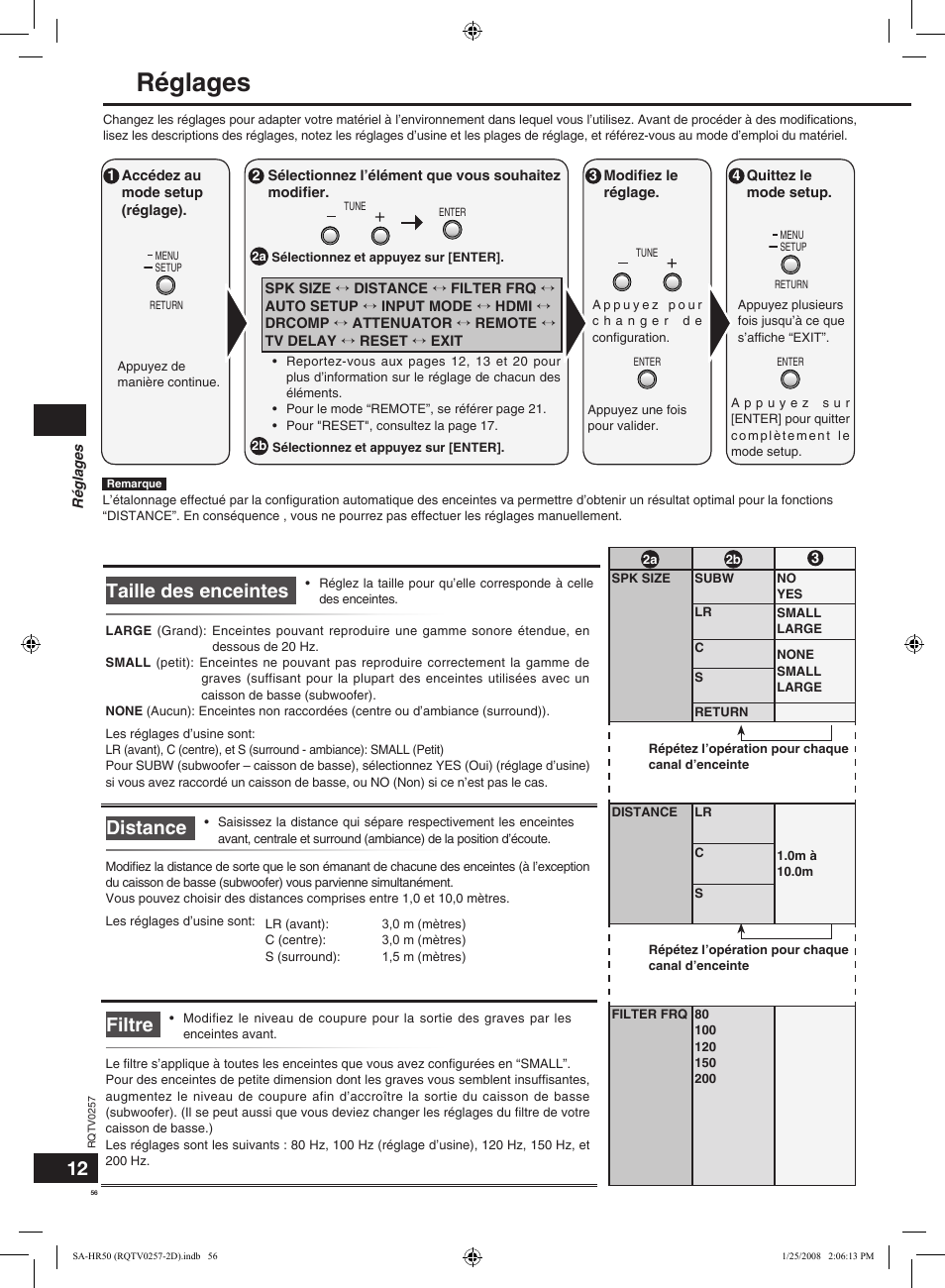Réglages, Taille des enceintes, Filtre | Distance | Panasonic SAHR50EG User Manual | Page 56 / 68