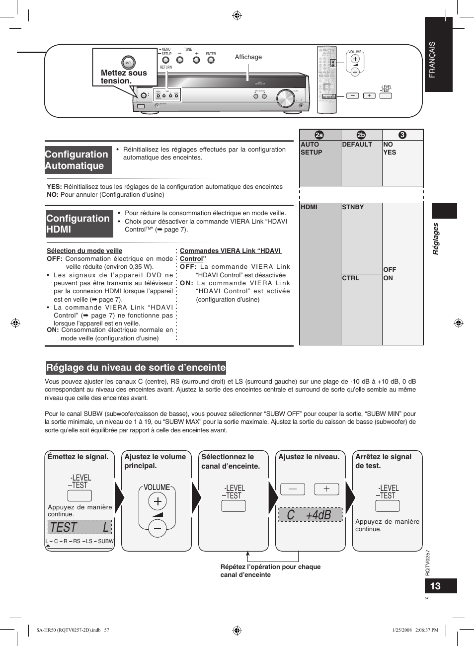 C +4db, Test l, Réglage du niveau de sortie d’enceinte | Configuration hdmi configuration automatique 13 12, Level test, Volume, Mettez sous tension, Français, Volume tv/av muting, Auto setup | Panasonic SAHR50EG User Manual | Page 57 / 68