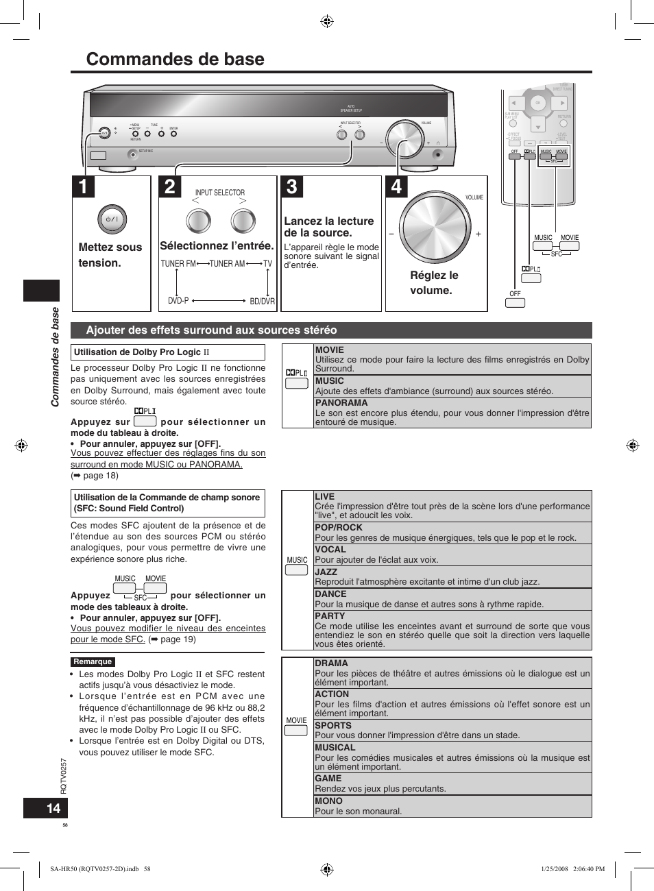 Réglez le volume, Ajouter des effets surround aux sources stéréo, Commandes de base | Panasonic SAHR50EG User Manual | Page 58 / 68