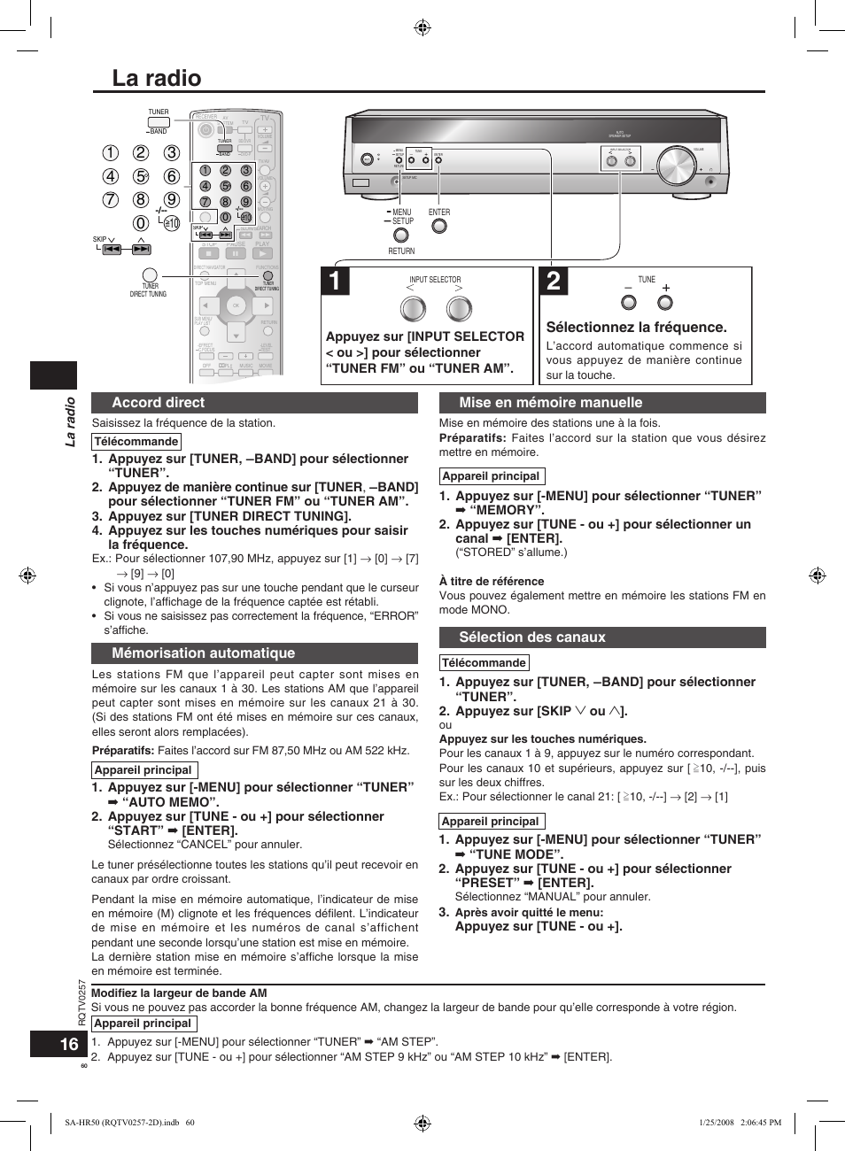 La radio, Sélectionnez la fréquence, Accord direct | Mémorisation automatique, Mise en mémoire manuelle, Sélection des canaux, Appuyez sur [tune - ou | Panasonic SAHR50EG User Manual | Page 60 / 68