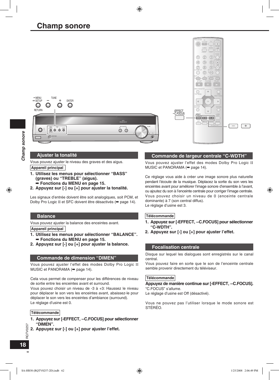 Ajuster la tonalité, Balance, Commande de dimension “dimen | Commande de largeur centrale “c-wdth, Focalisation centrale, Champ sonore, Appuyez de manière continue sur [-effect, ―c.focus, Vous pouvez ajuster la balance des enceintes avant, Télécommande, Appareil principal | Panasonic SAHR50EG User Manual | Page 62 / 68