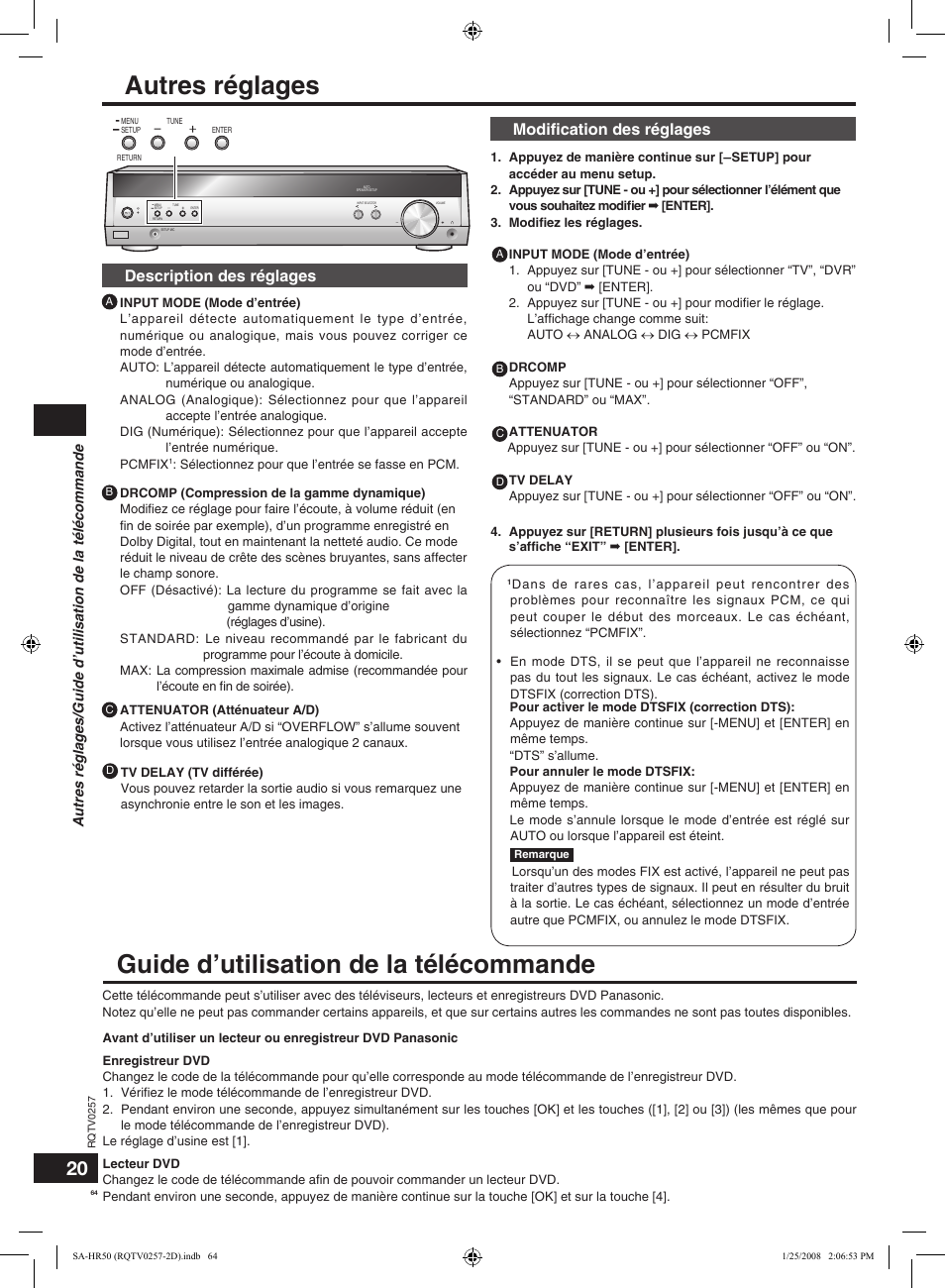 Autres réglages, Guide d’utilisation de la télécommande, Description des réglages | Modiﬁcation des réglages | Panasonic SAHR50EG User Manual | Page 64 / 68