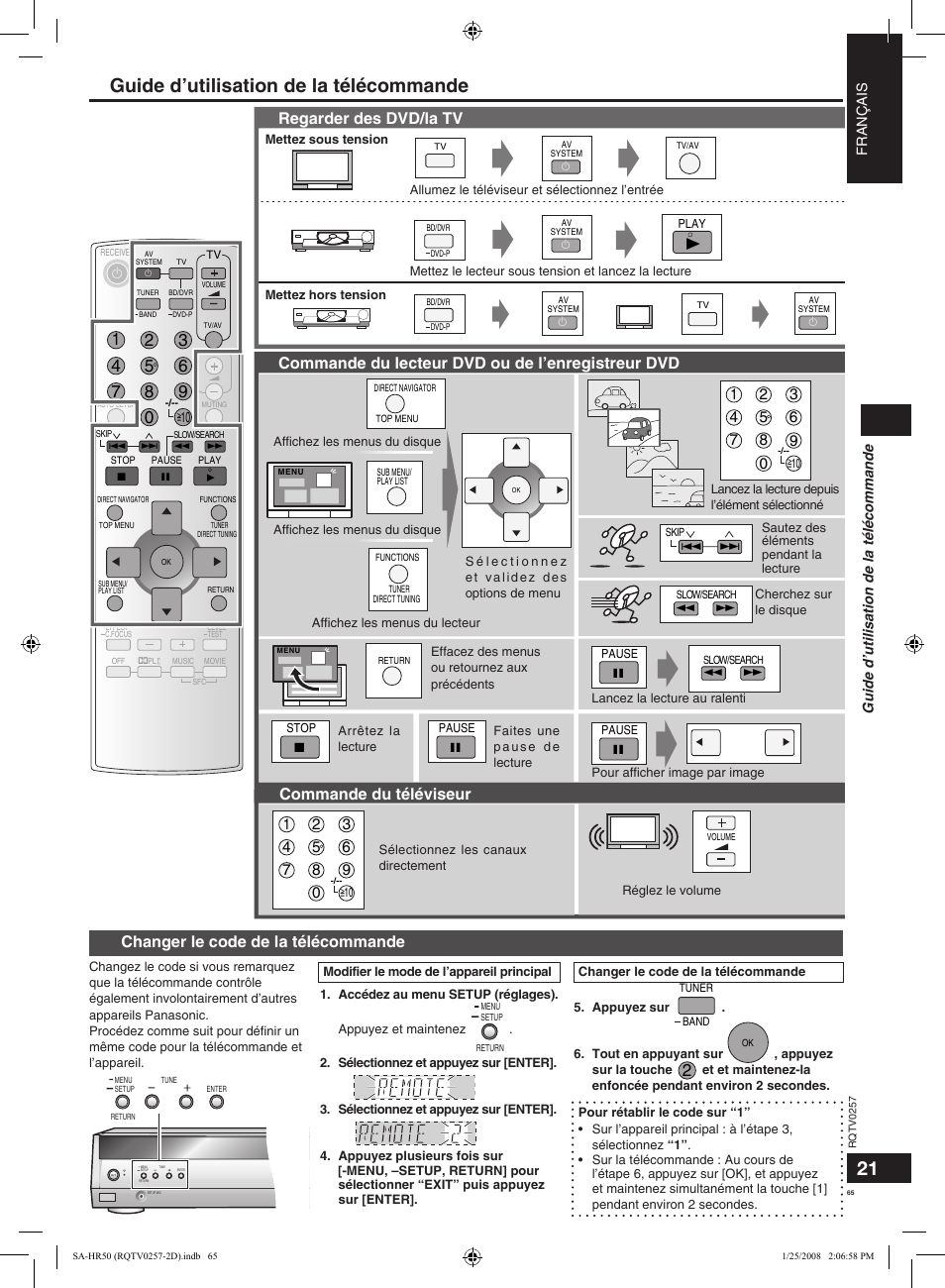 Guide d’utilisation de la télécommande, Regarder des dvd/la tv, Commande du lecteur dvd ou de l’enregistreur dvd | Commande du téléviseur, Changer le code de la télécommande | Panasonic SAHR50EG User Manual | Page 65 / 68
