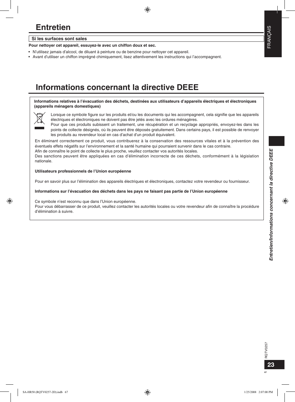 Informations concernant la directive deee, Entretien | Panasonic SAHR50EG User Manual | Page 67 / 68