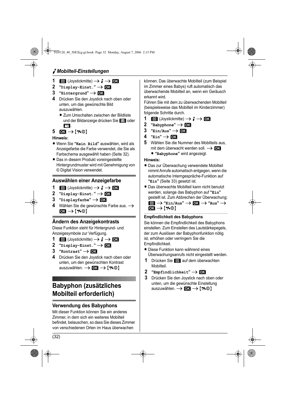 Babyphon (zusätzliches mobilteil erforderlich), Seite 32 | Panasonic KXTG9150EX User Manual | Page 104 / 224