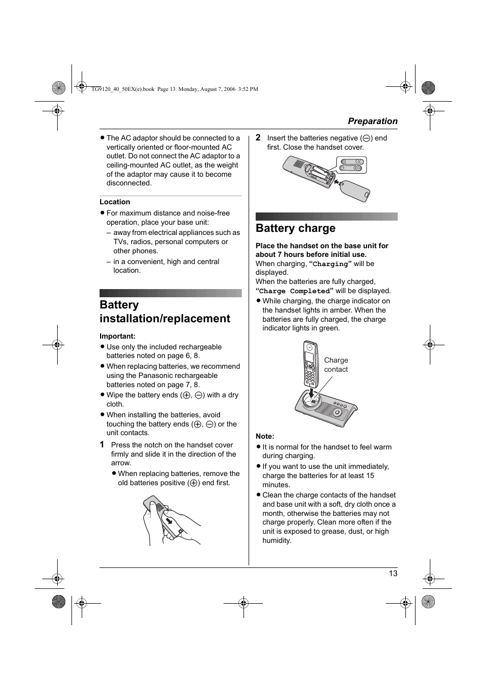 Battery installation/replacement, Battery charge, Battery installation/replacement battery charge | Panasonic KXTG9150EX User Manual | Page 13 / 224