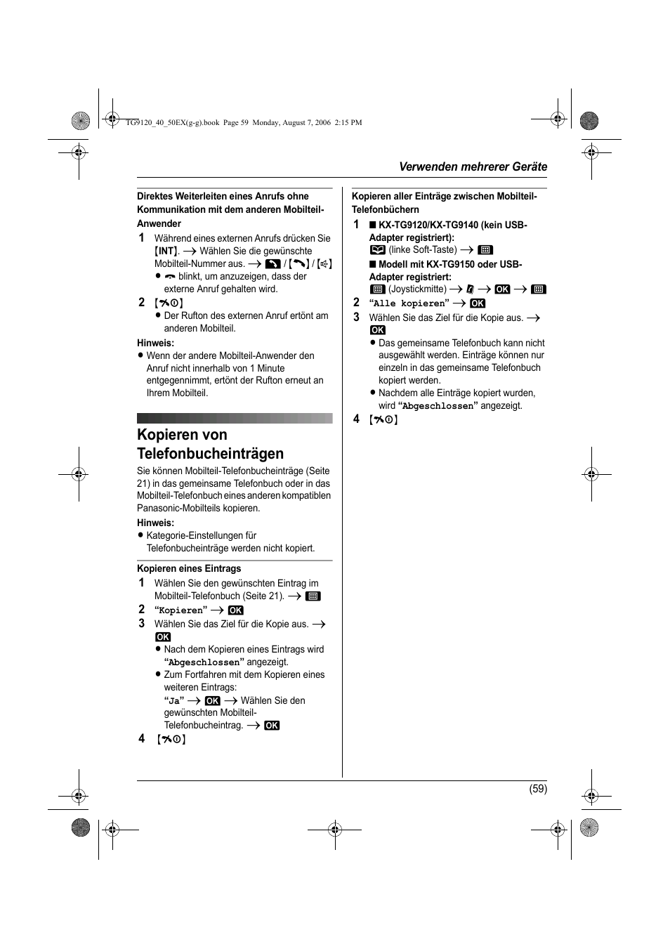 Kopieren von telefonbucheinträgen | Panasonic KXTG9150EX User Manual | Page 131 / 224