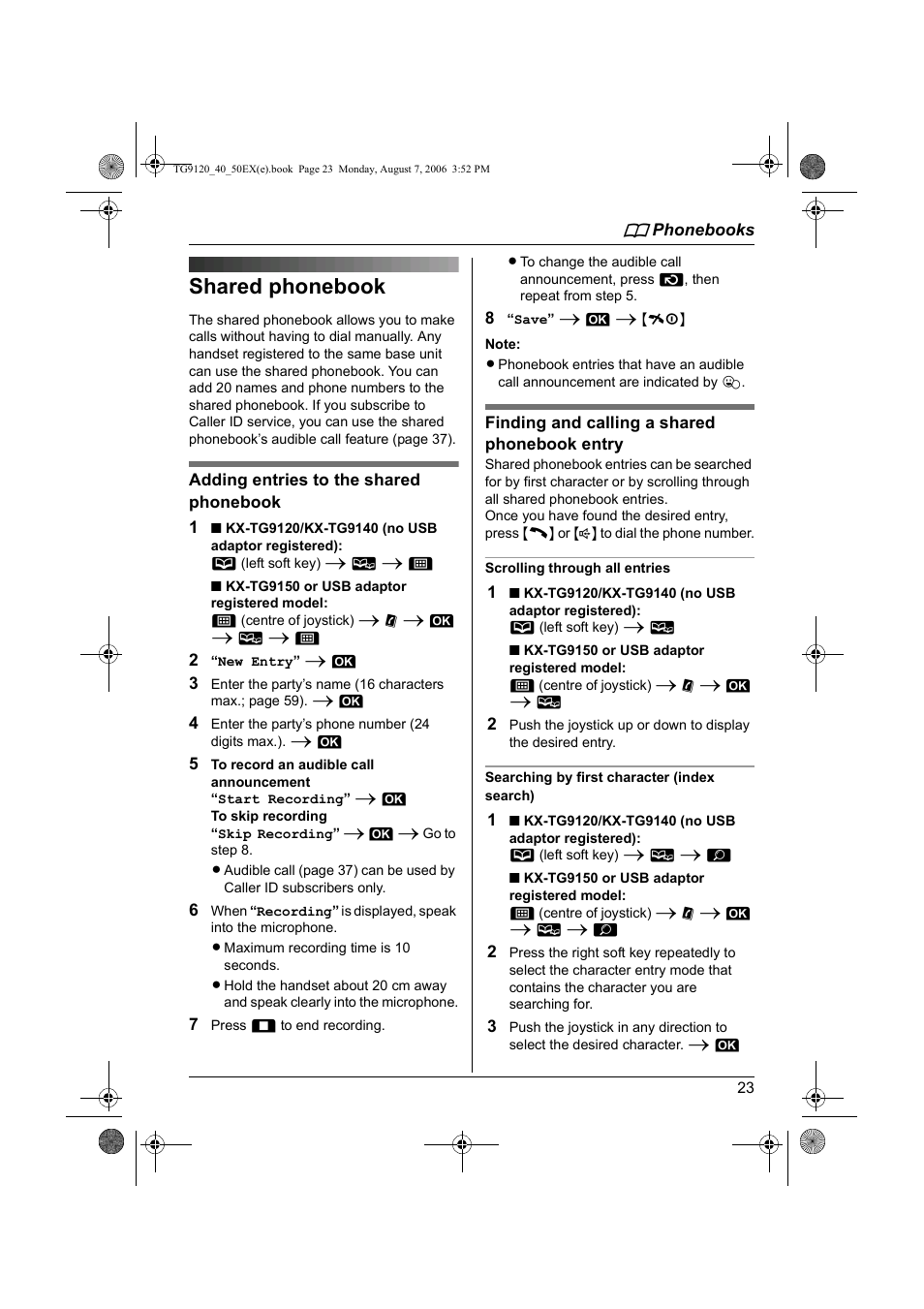 Shared phonebook | Panasonic KXTG9150EX User Manual | Page 23 / 224