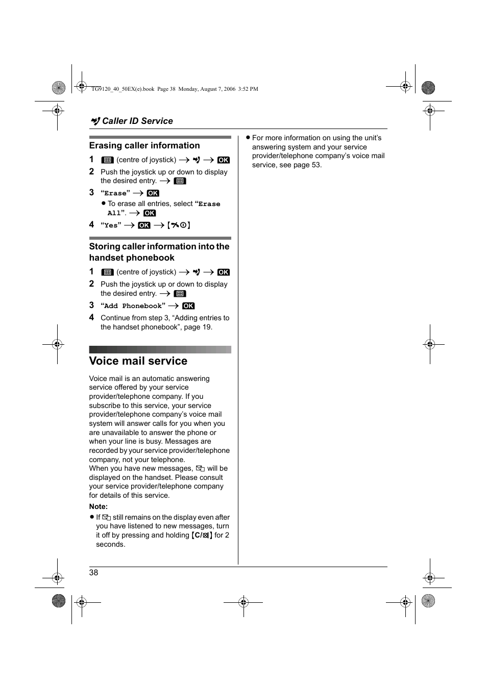 Voice mail service | Panasonic KXTG9150EX User Manual | Page 38 / 224