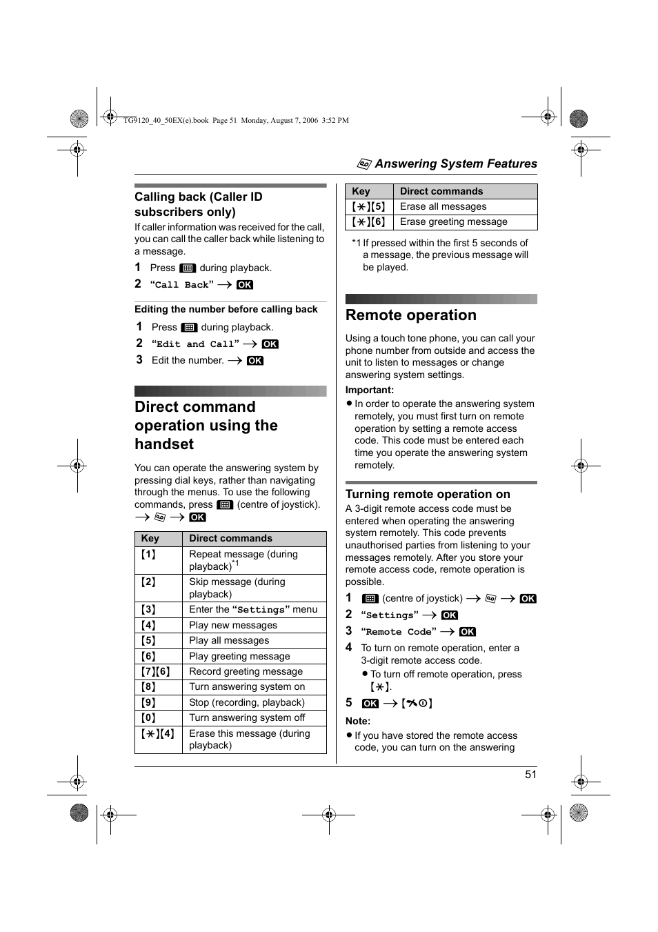 Direct command operation using the handset, Remote operation | Panasonic KXTG9150EX User Manual | Page 51 / 224