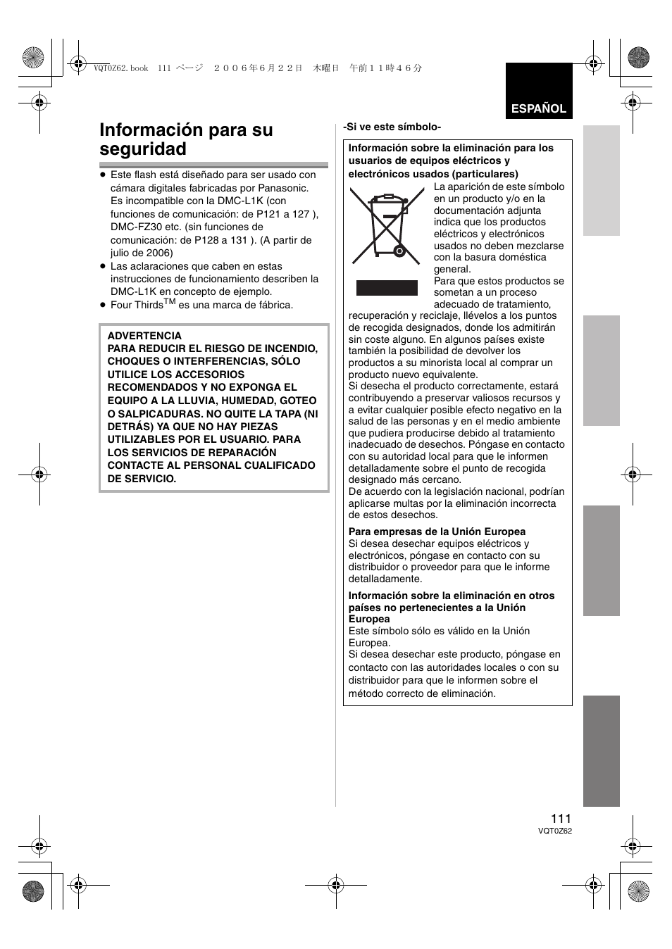 Información para su seguridad | Panasonic DMWFL500E User Manual | Page 111 / 148