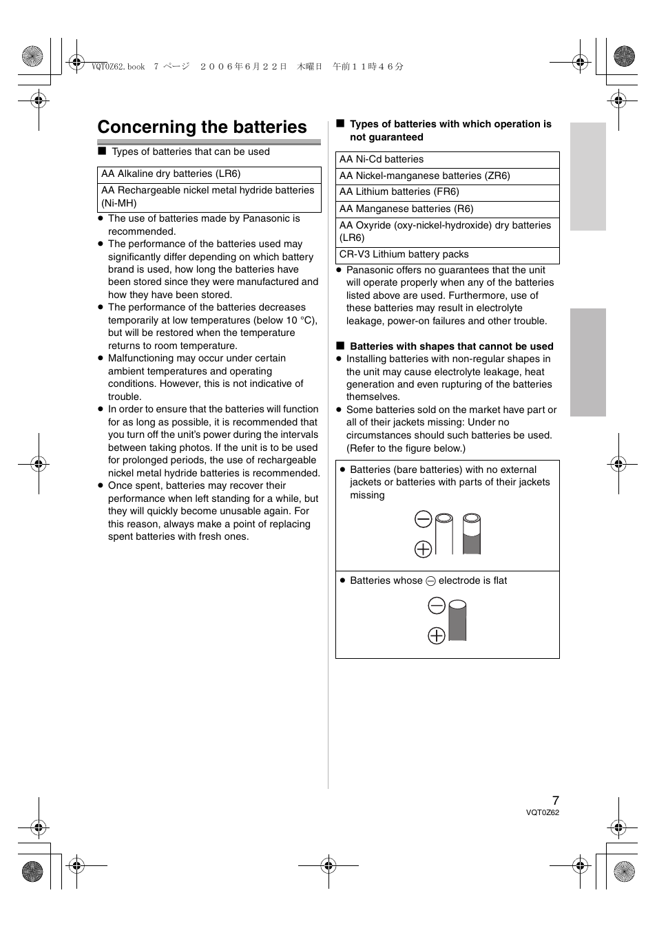 Concerning the batteries | Panasonic DMWFL500E User Manual | Page 7 / 148