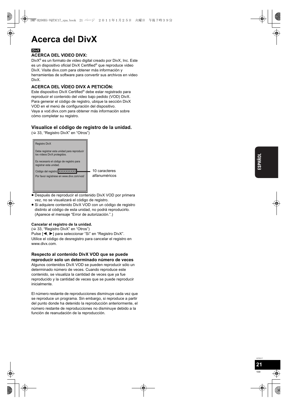Acerca del divx | Panasonic DMPB200EG User Manual | Page 109 / 196