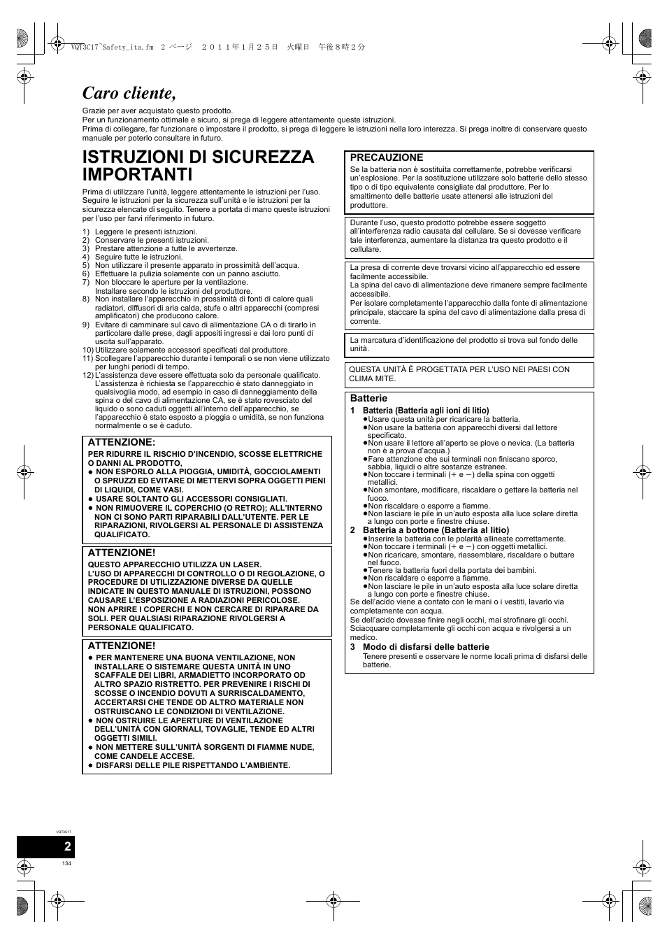 Caro cliente, Istruzioni di sicurezza importanti | Panasonic DMPB200EG User Manual | Page 134 / 196