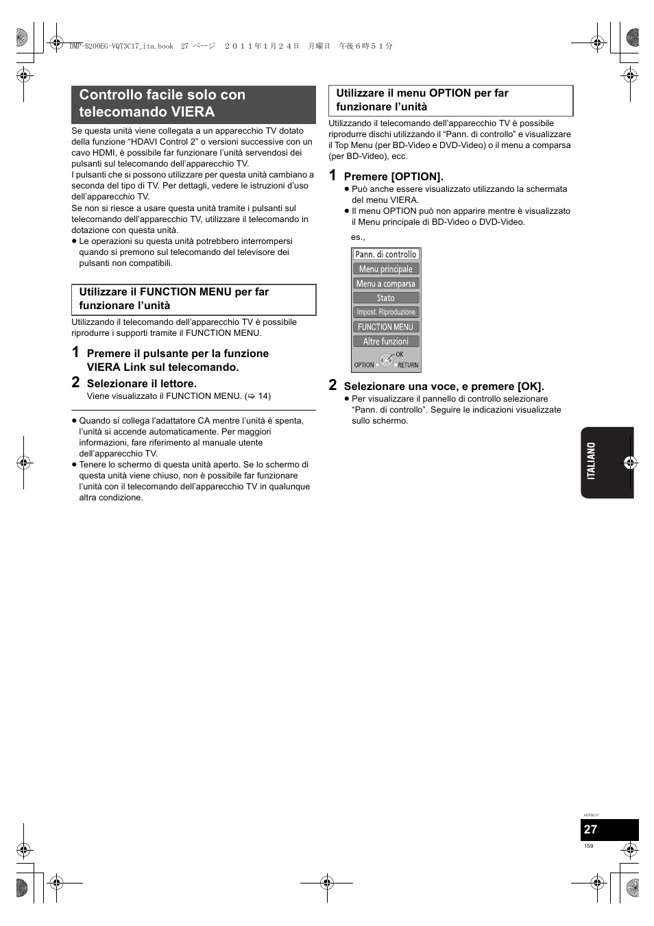 Controllo facile solo con telecomando viera | Panasonic DMPB200EG User Manual | Page 159 / 196