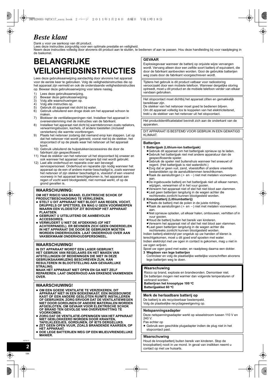 Belangrijke veiligheidsinstructies, Beste klant | Panasonic DMPB200EG User Manual | Page 184 / 196