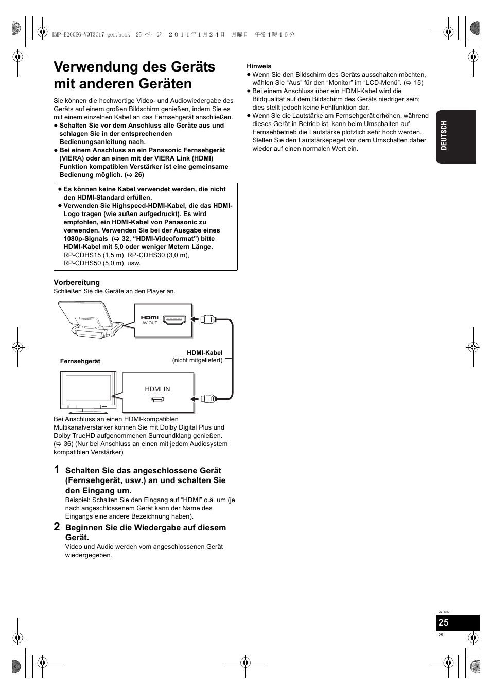 Verwendung des geräts mit anderen geräten | Panasonic DMPB200EG User Manual | Page 25 / 196