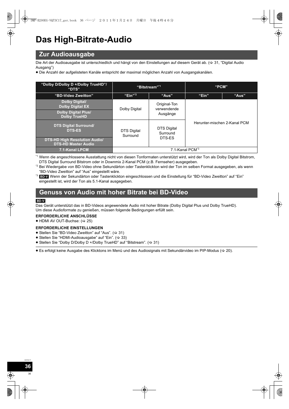 Das high-bitrate-audio, Zur audioausgabe, Genuss von audio mit hoher bitrate bei bd-video | Panasonic DMPB200EG User Manual | Page 36 / 196