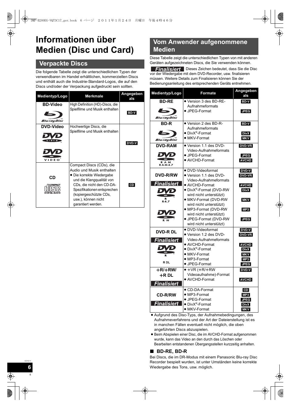 Informationen über medien (disc und card), Verpackte discs, Vom anwender aufgenommene medien | Finalisiert | Panasonic DMPB200EG User Manual | Page 6 / 196