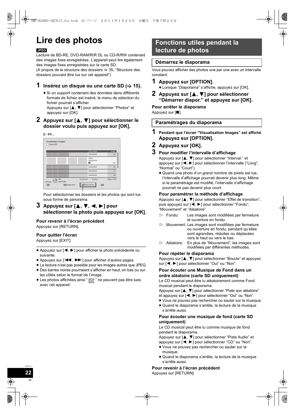 Lire des photos, Fonctions utiles pendant la lecture de photos | Panasonic DMPB200EG User Manual | Page 66 / 196
