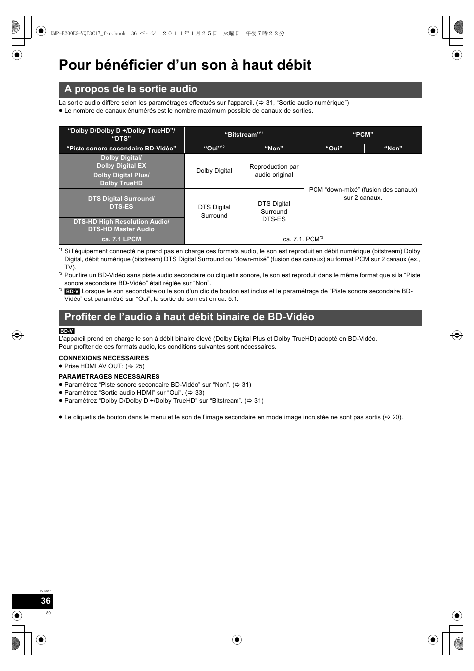 Pour bénéficier d’un son à haut débit, A propos de la sortie audio | Panasonic DMPB200EG User Manual | Page 80 / 196