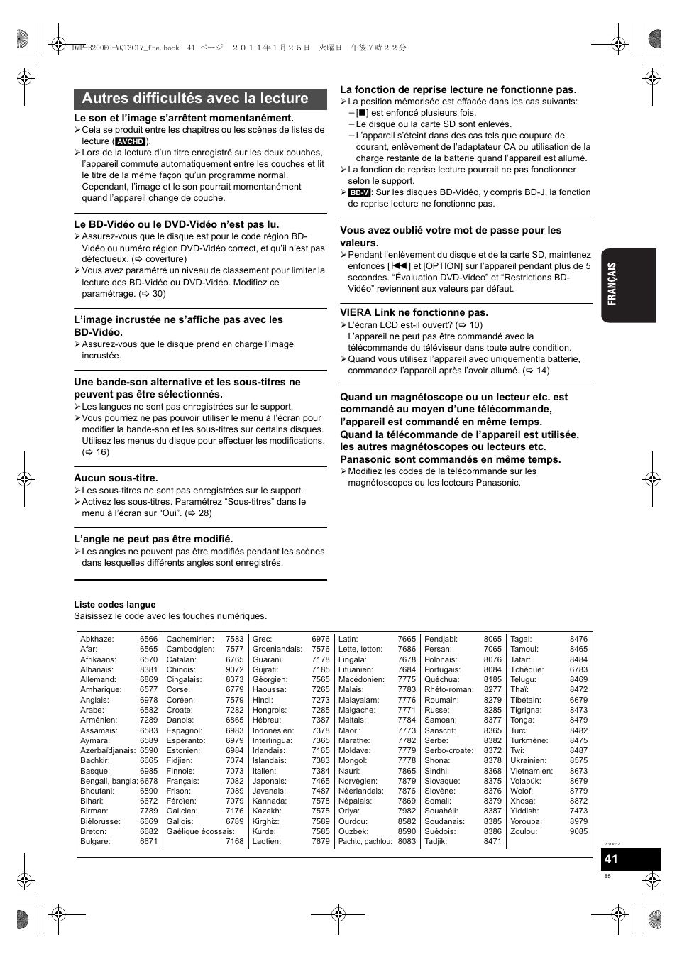 Autres difficultés avec la lecture | Panasonic DMPB200EG User Manual | Page 85 / 196
