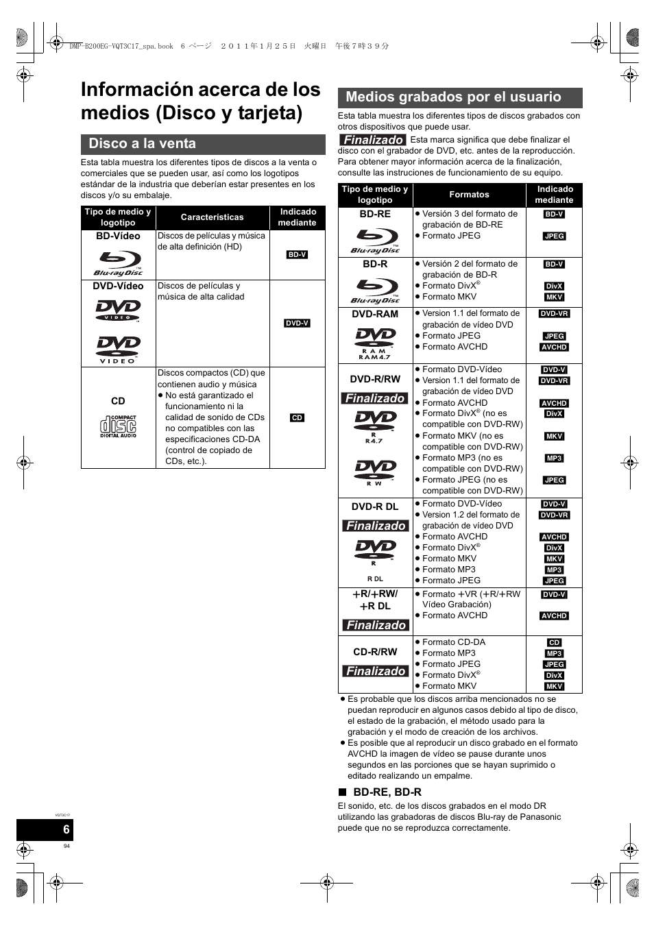 Información acerca de los medios (disco y tarjeta), Disco a la venta, Medios grabados por el usuario | Finalizado | Panasonic DMPB200EG User Manual | Page 94 / 196