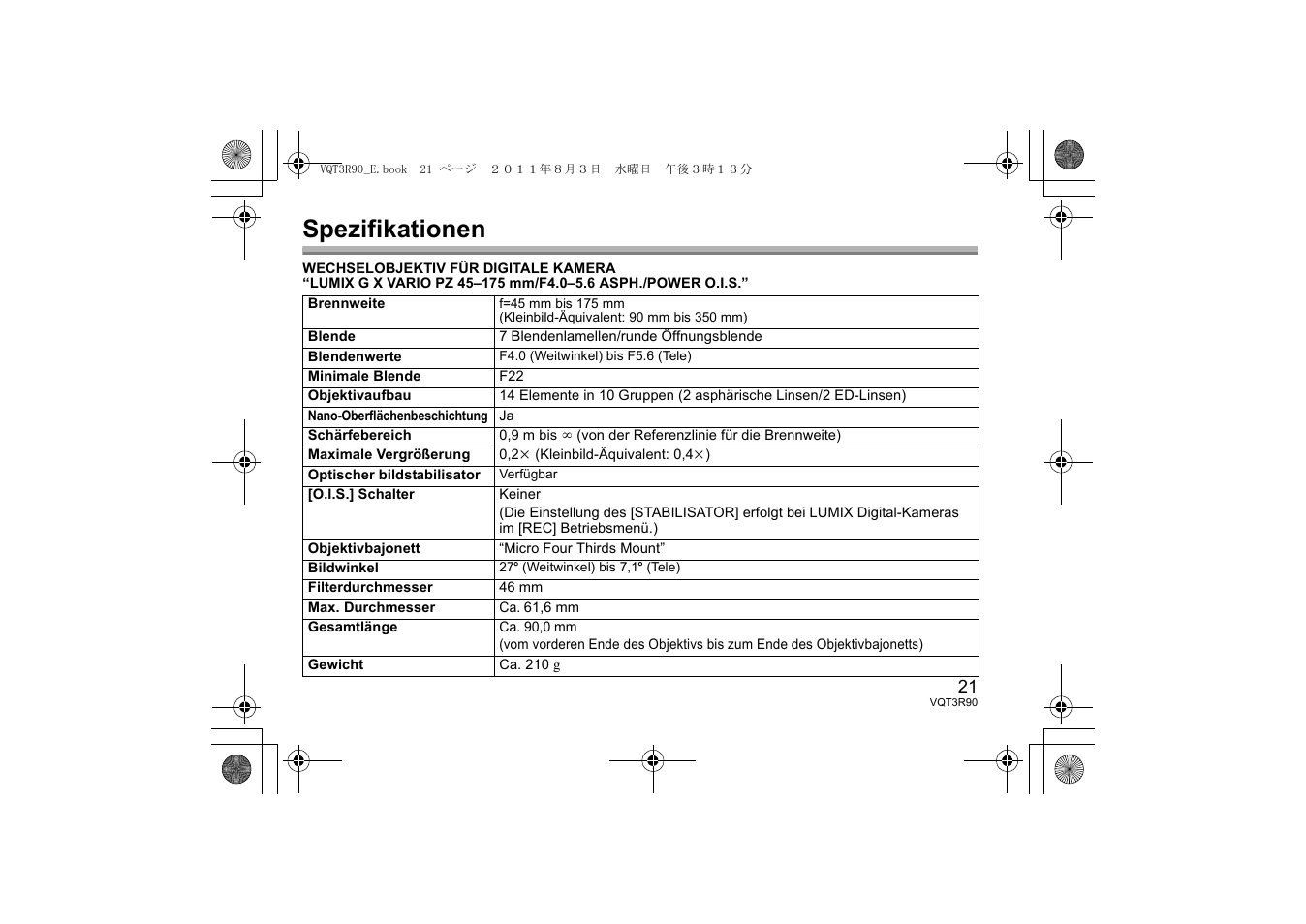 Spezifikationen | Panasonic HPS45175E User Manual | Page 21 / 72
