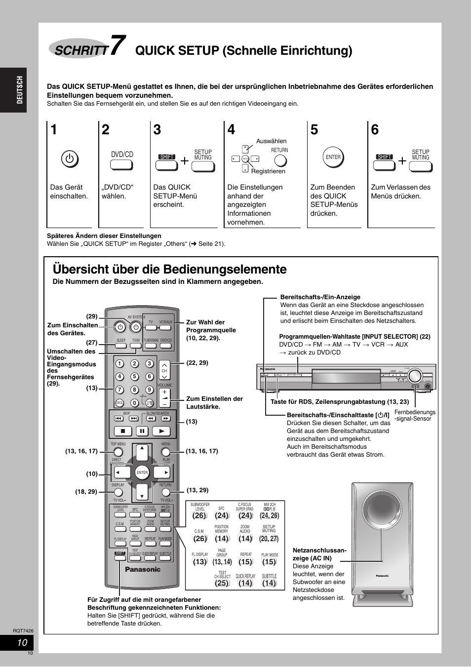 Schritt, Quick setup (schnelle einrichtung), Übersicht über die bedienungselemente | Dvd/cd | Panasonic SCHT520 User Manual | Page 10 / 104