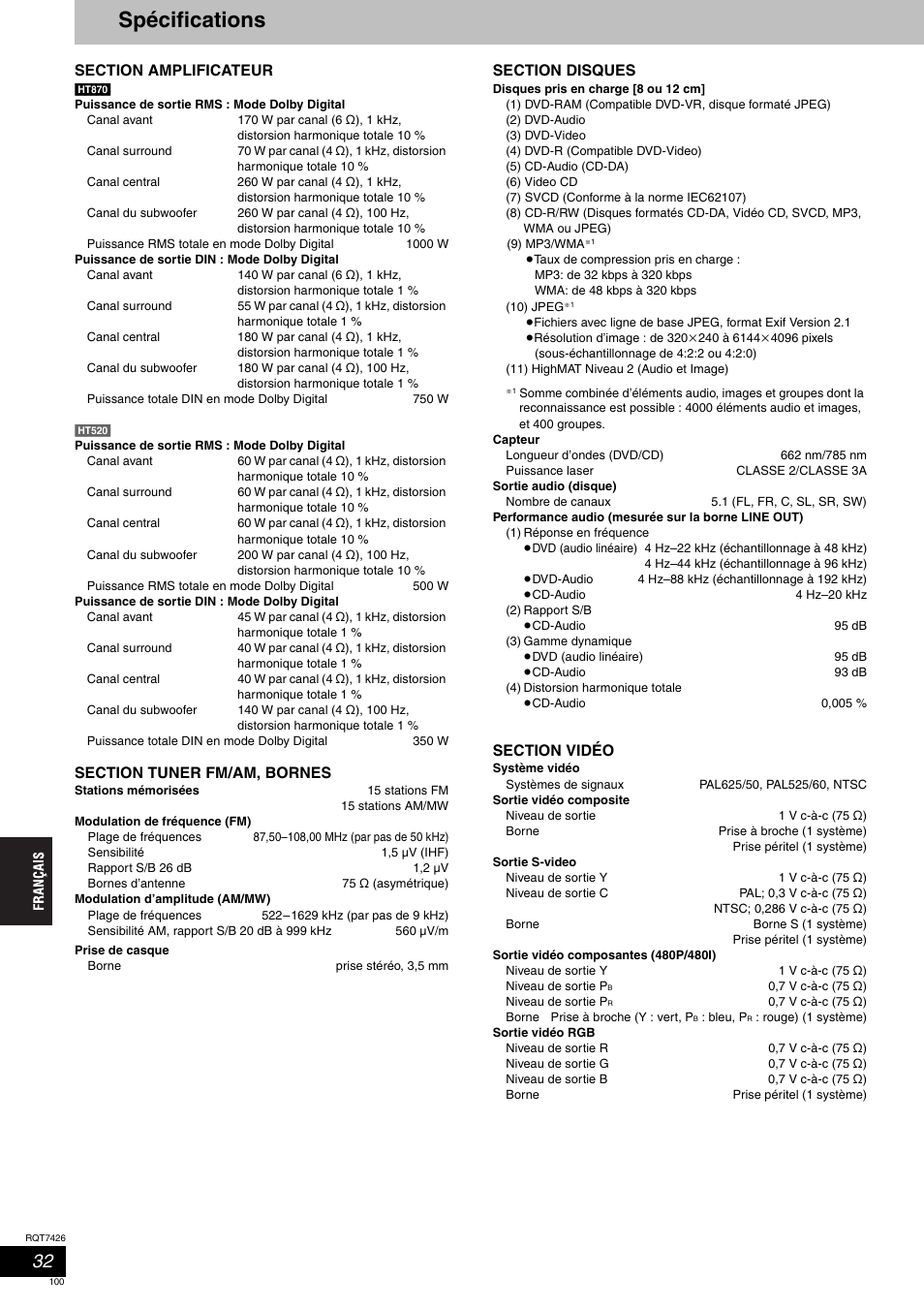 Spécifications | Panasonic SCHT520 User Manual | Page 100 / 104