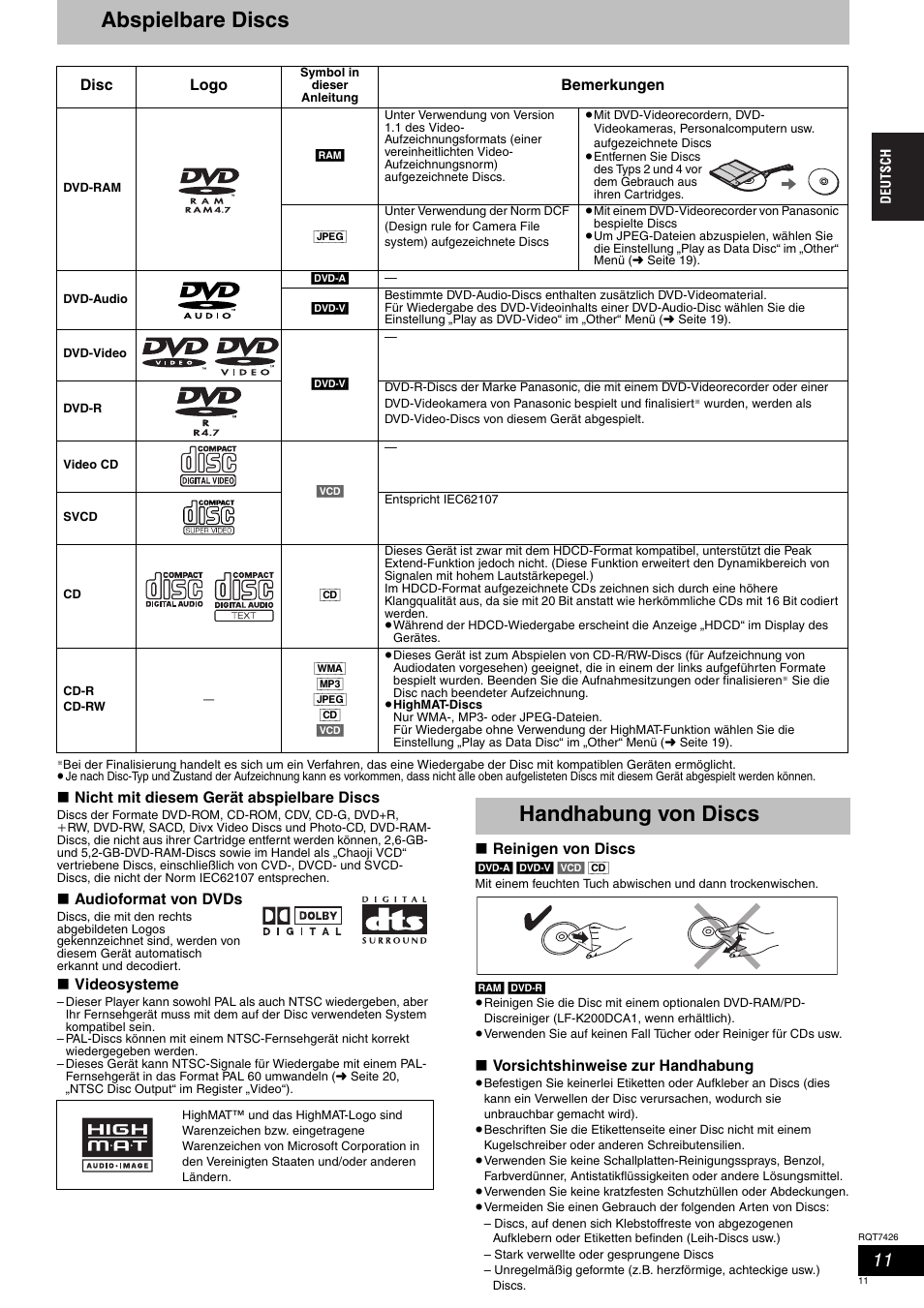 Abspielbare discs, Handhabung von discs | Panasonic SCHT520 User Manual | Page 11 / 104