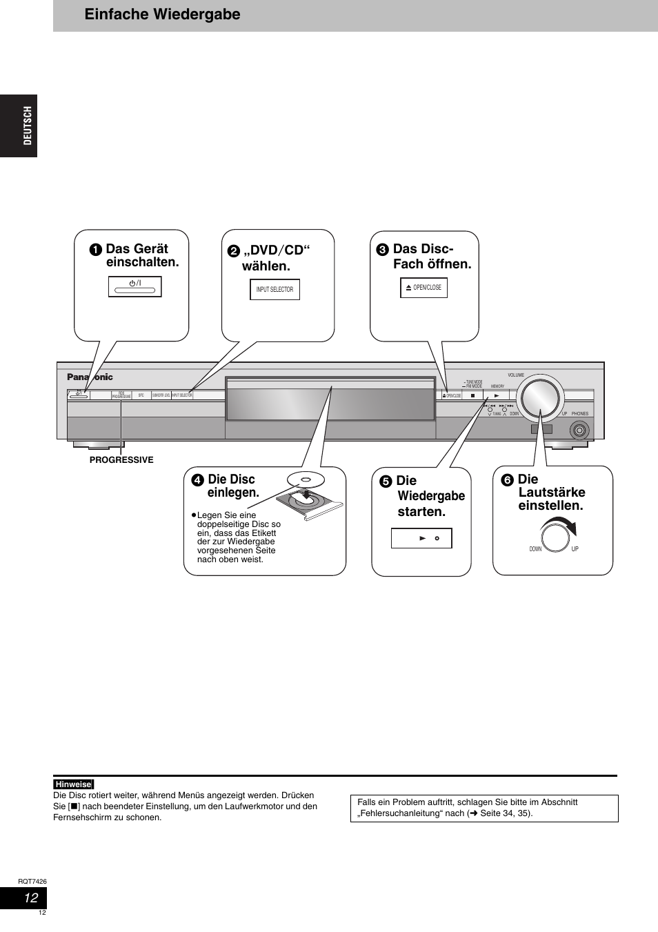 Einfache wiedergabe, 1 das gerät einschalten, 2 „dvd / cd“ wählen | 5 die wiedergabe starten, 4 die disc einlegen, 6 die lautstärke einstellen, 3 das disc- fach öffnen | Panasonic SCHT520 User Manual | Page 12 / 104