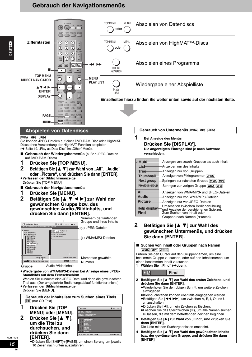 Gebrauch der navigationsmenüs, Abspielen von datendiscs abspielen von highmat, Abspielen von datendiscs | Drücken sie [top menu, Drücken sie [menu, Drücken sie [top menu] oder [menu, Drücken sie [display, Find | Panasonic SCHT520 User Manual | Page 16 / 104