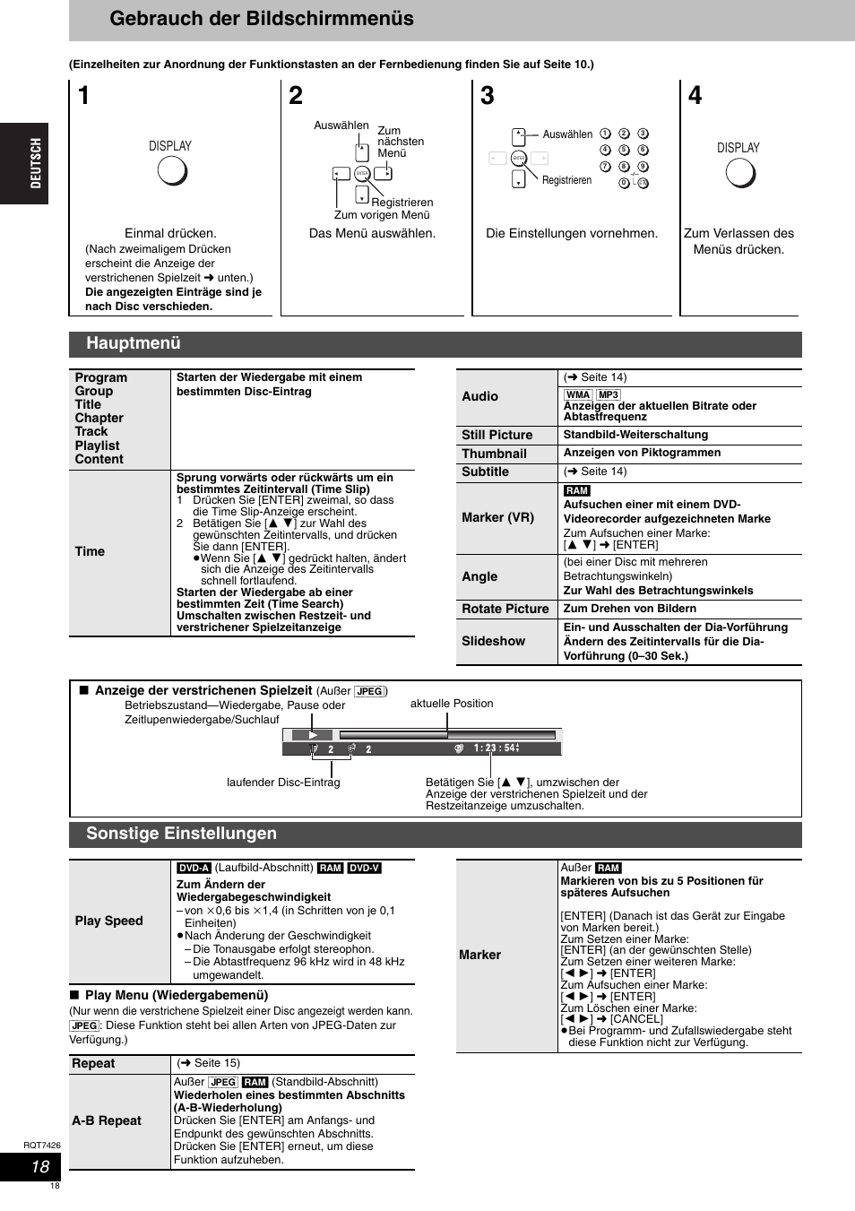 Gebrauch der bildschirmmenüs, Hauptmenü, Sonstige einstellungen | Panasonic SCHT520 User Manual | Page 18 / 104