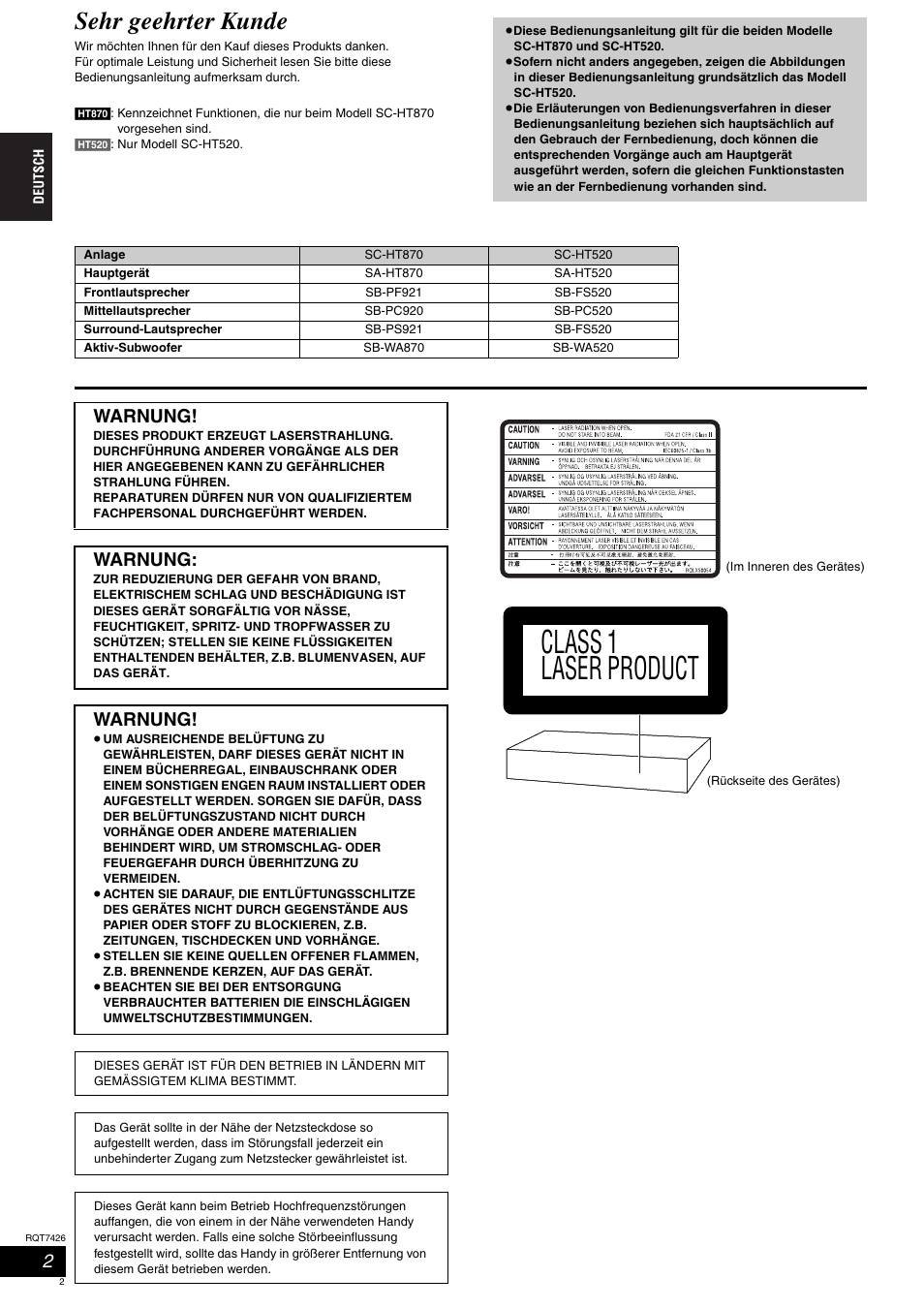 Class 1 laser product, Sehr geehrter kunde, Warnung | Panasonic SCHT520 User Manual | Page 2 / 104