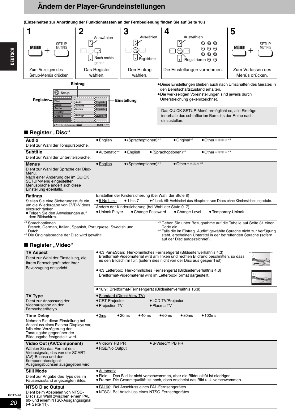 Ändern der player-grundeinstellungen, Register „disc, Register „video | Panasonic SCHT520 User Manual | Page 20 / 104