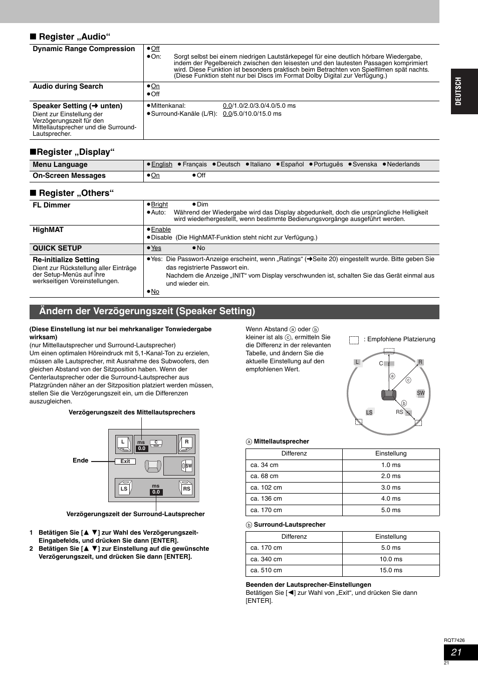 Ändern der verzögerungszeit (speaker setting) | Panasonic SCHT520 User Manual | Page 21 / 104