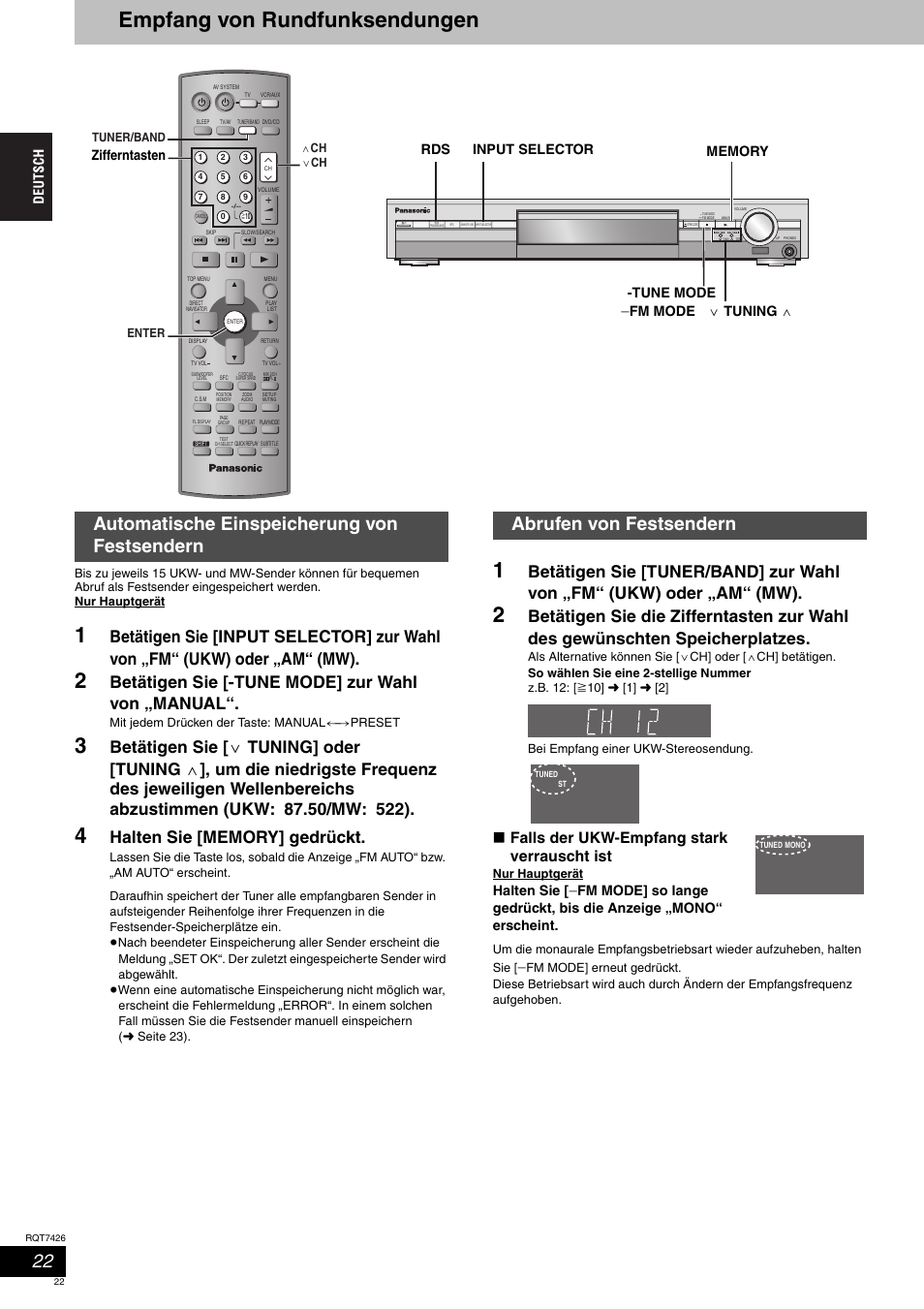 Empfang von rundfunksendungen, Betätigen sie [-tune mode] zur wahl von „manual, Falls der ukw-empfang stark verrauscht ist | Halten sie, Fm mode input selector rds | Panasonic SCHT520 User Manual | Page 22 / 104