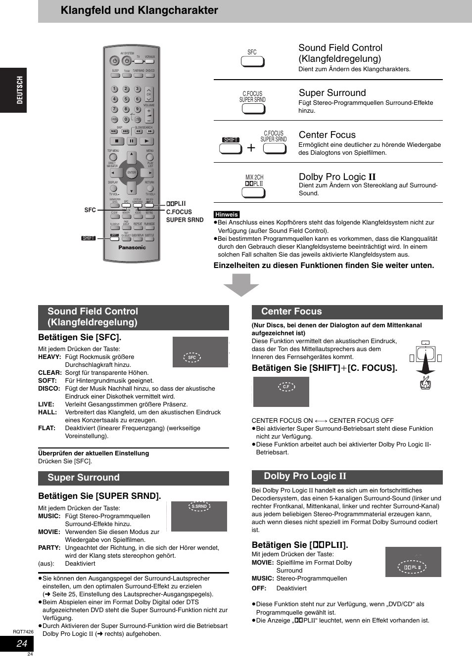 Klangfeld und klangcharakter, Sound field control (klangfeldregelung), Super surround | Center focus, Dolby pro logic ii, Center focus dolby pro logic ii, Betätigen sie [sfc, Betätigen sie [super srnd, Betätigen sie [shift] i [c. focus, Betätigen sie [ î plii | Panasonic SCHT520 User Manual | Page 24 / 104