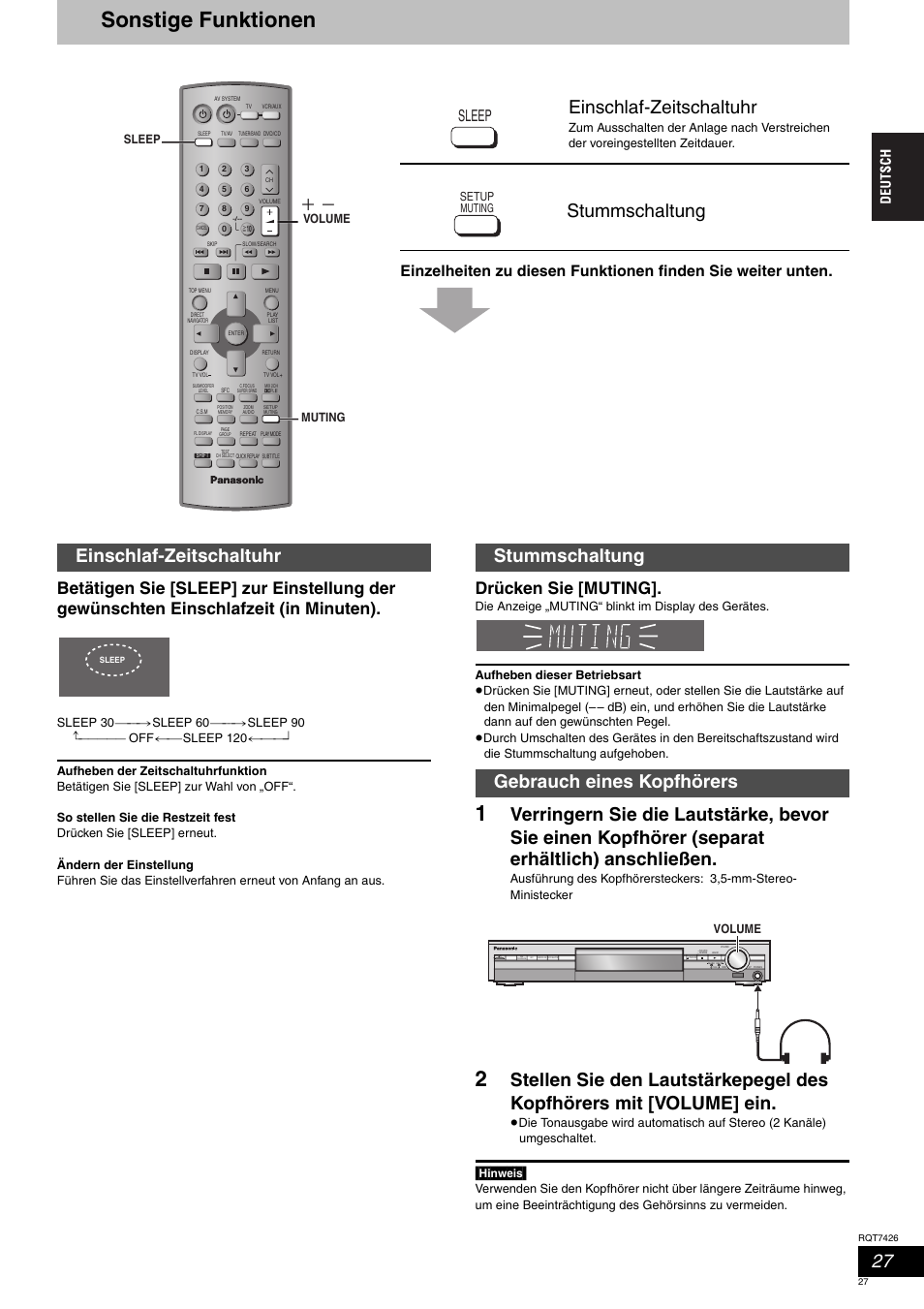 Sonstige funktionen, Einschlaf-zeitschaltuhr, Stummschaltung | Stummschaltung gebrauch eines kopfhörers, Drücken sie [muting, Sleep, Hinweis, Sleep muting volume, Setup muting, Volume | Panasonic SCHT520 User Manual | Page 27 / 104