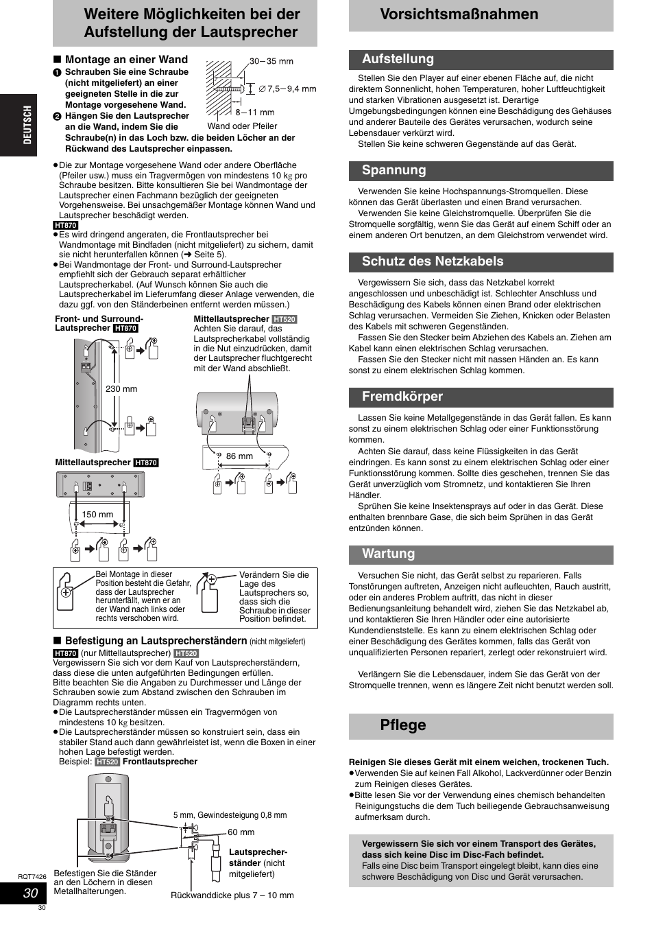 Vorsichtsmaßnahmen, Pflege | Panasonic SCHT520 User Manual | Page 30 / 104
