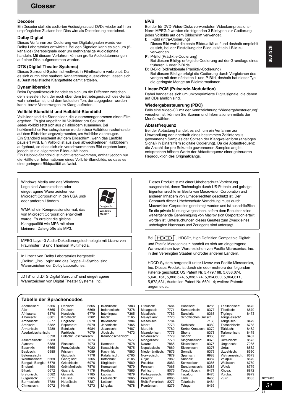 Glossar, Tabelle der sprachencodes | Panasonic SCHT520 User Manual | Page 31 / 104