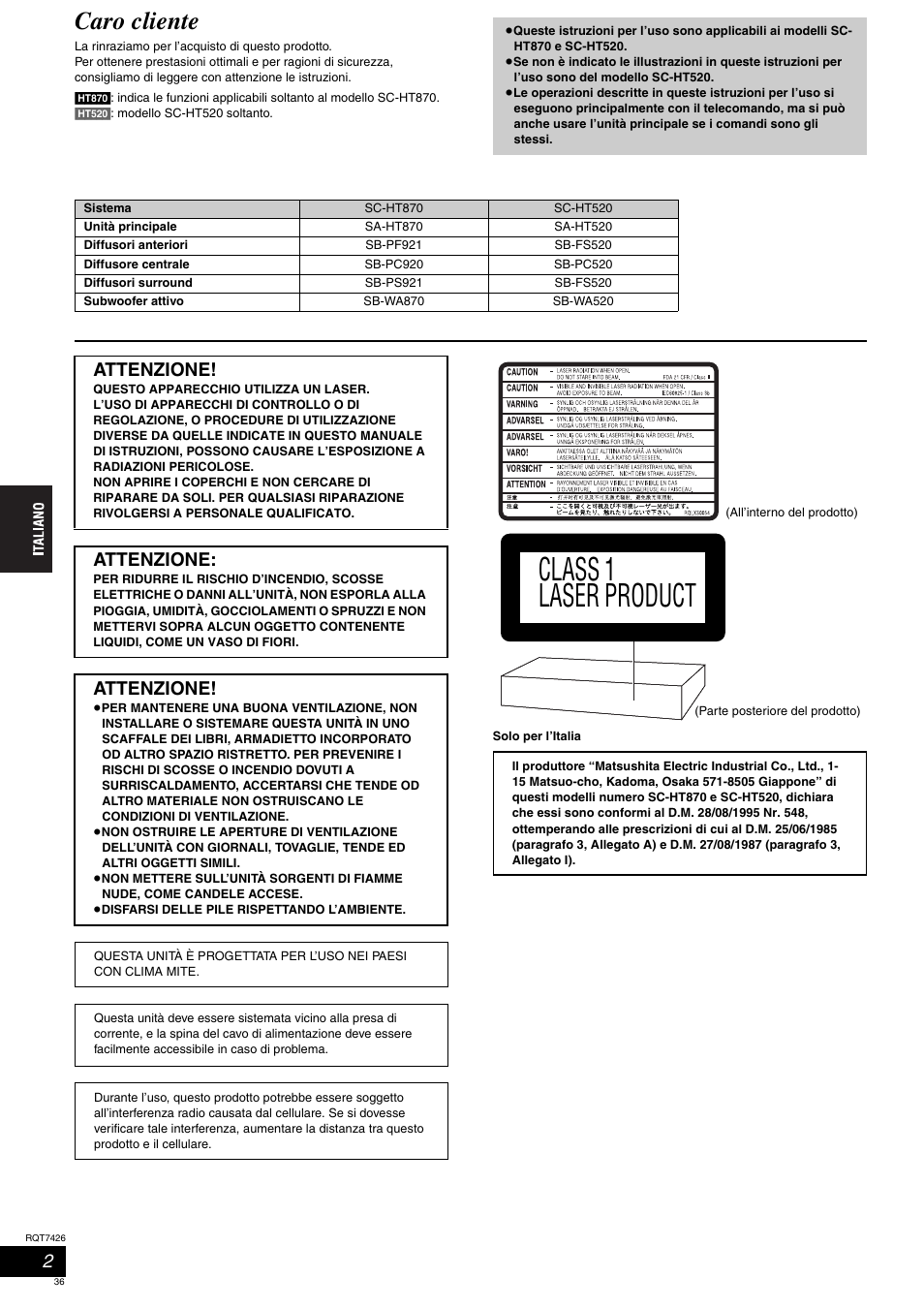 Class 1 laser product, Caro cliente, Attenzione | Panasonic SCHT520 User Manual | Page 36 / 104