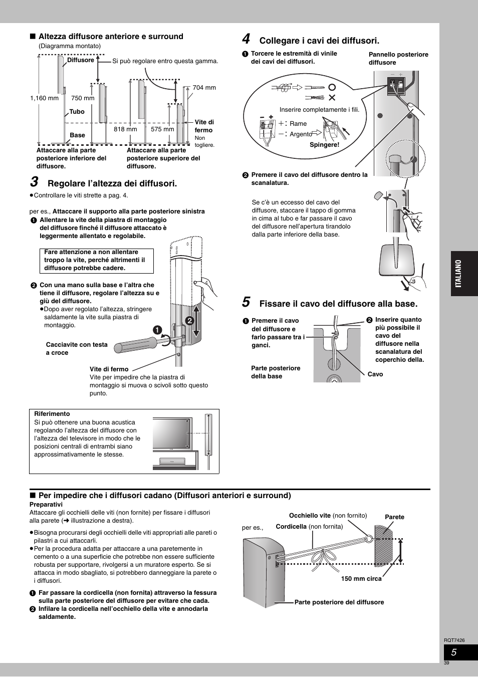 Regolare l’altezza dei diffusori, Collegare i cavi dei diffusori, Fissare il cavo del diffusore alla base | Panasonic SCHT520 User Manual | Page 39 / 104